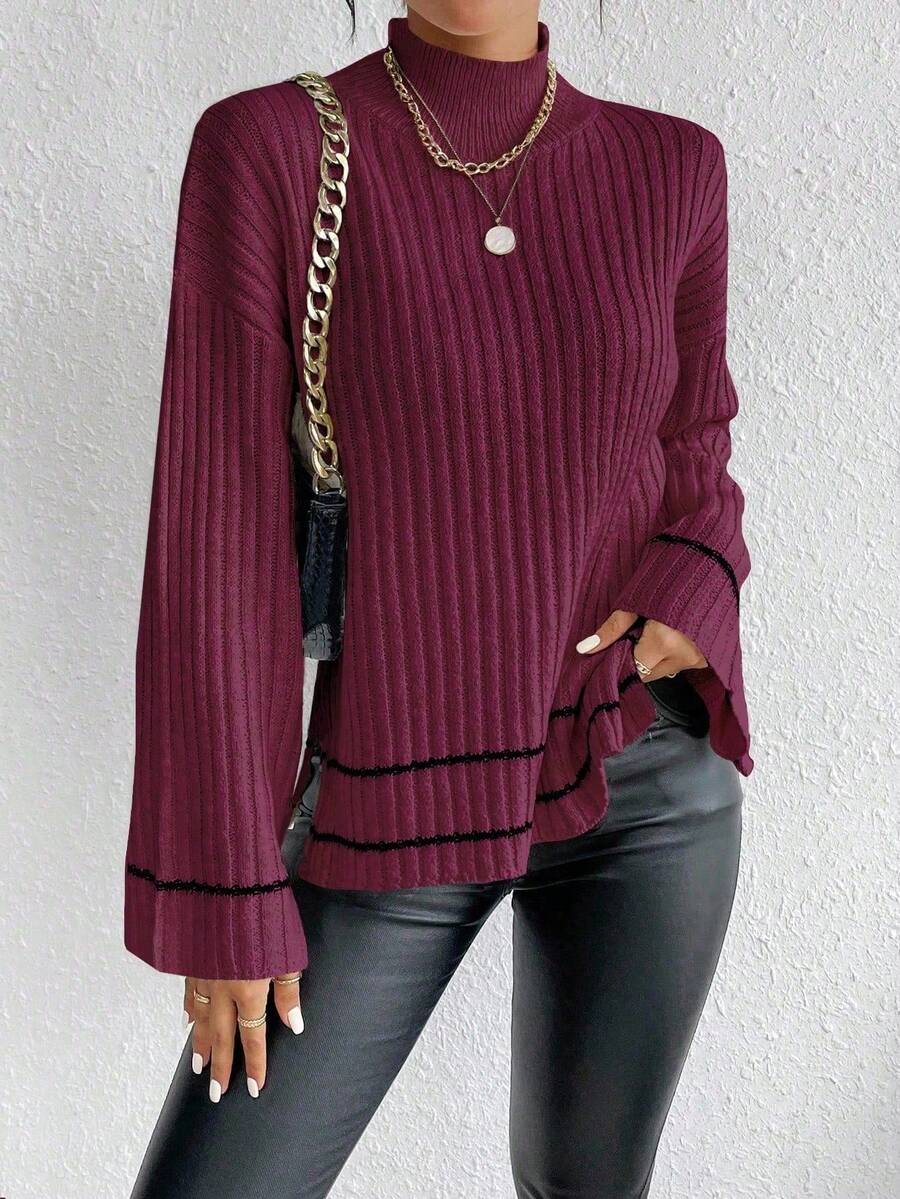 EMERY ROSE Suéter holgado de cuello alto, de manga larga y hombros caídos, de estilo informal para mujer, para otoño - Burdeos - Ver 1