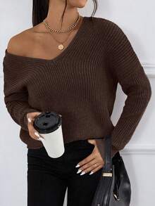 EMERY ROSE Women's Casual V-Neck Dropped Shoulder Long Sleeve Loose Pullover Sweater, Autumn - Coffee Brown - View 3