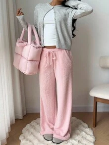 SHEIN EZwear 2025秋冬新款女式纯色抽绳腰阔腿宽松休闲舒适柔软保暖时尚长裤，适合秋季外出、圣诞节等场合穿着。 - 粉色 - 查看 6