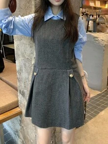 DAZY 女士纯色韩版休闲中长款羊毛连衣裙 - 灰色 - 查看 4