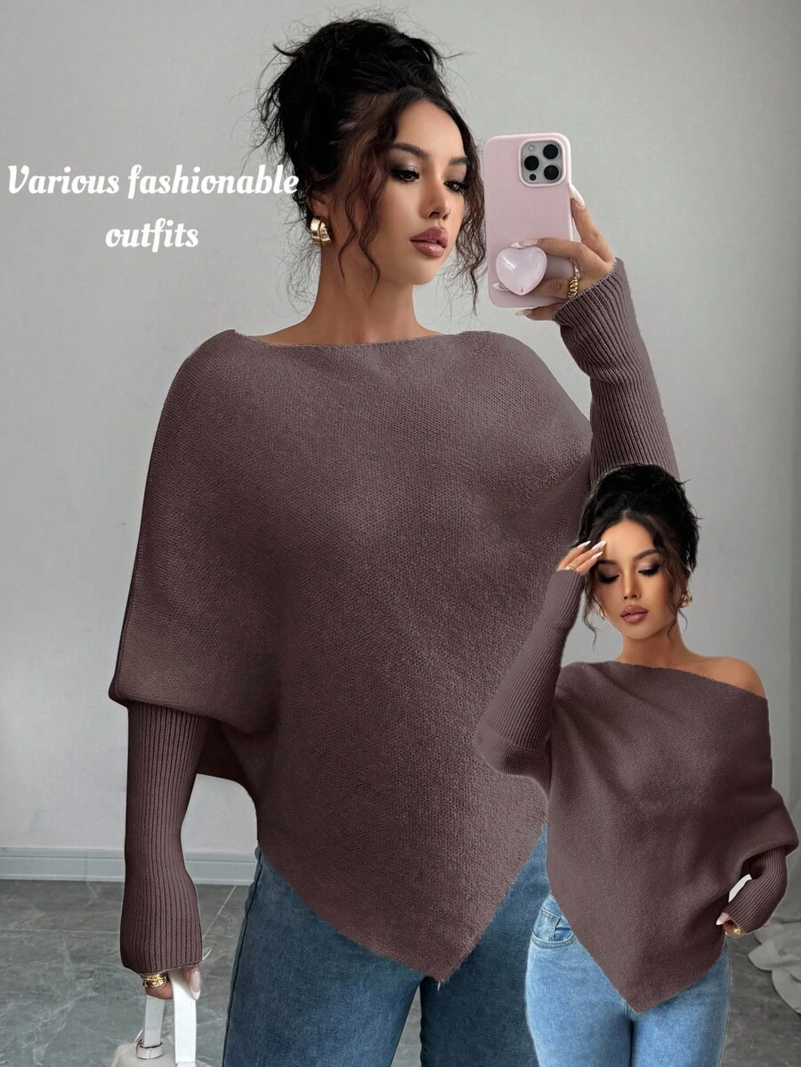 Selianne 女式不对称蝙蝠袖圆领休闲优雅针织毛衣上衣，适合春秋冬季度假和节日穿着 - 咖啡棕 - 查看 1