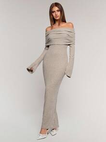 SHEIN BAE Đầm dài tay trễ vai màu trơn đơn sắc dành cho nữ, trang phục dự tiệc dành cho nữ, váy năm mới dành cho nữ, quần áo Giáng sinh dành cho nữ, váy thanh lịch dành cho nữ - Màu be - Xem 3