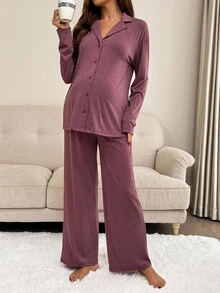 Slowluna 2 件孕妇纯色休闲长袖上衣和裤子套装高弹力睡衣勃艮第家居服女士睡衣女士孕妇套装 2 件套休闲套装女士紫色暮光 - 彩色 - 查看 5
