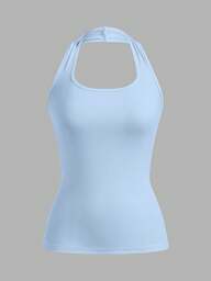 SHEIN EZwear Women's Light Blue Tight-Fit Casual Halter Top, Suitable For Summer Back To School