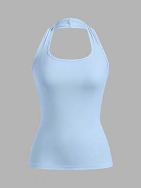SHEIN EZwear Women's Light Blue Tight-Fit Casual Halter Top, Suitable For Summer Back To School