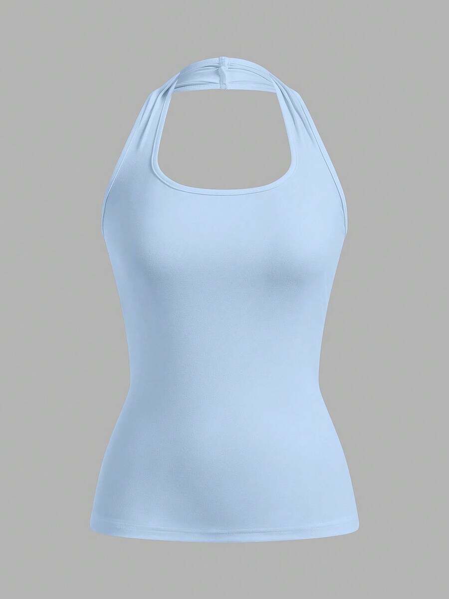 SHEIN EZwear Light Blue Tight-Fit Casual Halter Neck Cami Top For Women, Suitable For Summer