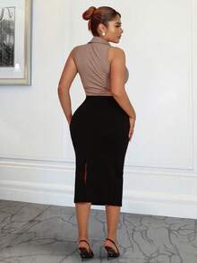 Xyvia Women's Elegant Back Slit Design Fleece Sweater & Bodycon Skirt Set, Suitable For Commute, Daily Wear, And Dates, Autumn/Winter - Black - View 2