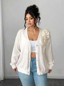 Elenzga Plus Size Women's V-Neck Button Handmade Floral Casual Open Cardigan Sweater, Autumn/Winter Fall