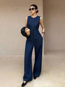 K-Vae Women's Four-Season Denim Suit, Slim-Fit Vest And Trousers Suit, Simple Old Money Style,New Year's Wear - Dark Wash - View 3