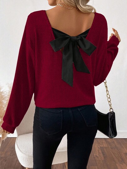 EMERY ROSE Damen Lässiges Loose Fit Langarm T-Shirt mit Schleife am Rücken, geeignet für Herbst Grafik T-Shirts Damen Tops für den Frühling