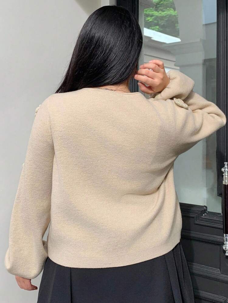 Dazy Plus V-Neck Tie Floral Decor Loose Long Sleeve Plus Size Women Casual Cardigan Fall/Winter