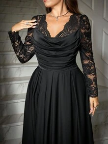 Ellevyn فستان نسائي أنيق مقاس كبير مع تصميم من الدانتيل والتكشيرات عند الرقبة - الأسود - مشاهدة 3