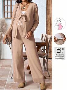 Boho Mama Maternity Solid Color Long Sleeve Knotted Front Cardigan And Knit Pants Casual Suit - Brown - View 3