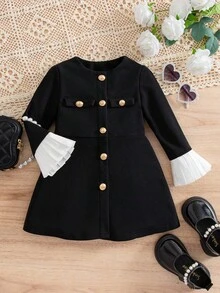 Baby Girl Cute Metal Buckle Color Block Bell Sleeve Long Dress, Autumn/Winter Fall