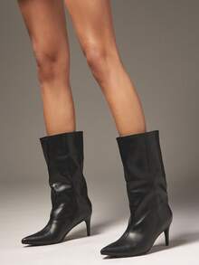 SHUZIA Giày bốt cao đến giữa bắp chân, mũi nhọn, khóa kéo bên hông quyến rũ, gợi cảm dành cho nữ - màu đen - Xem 4