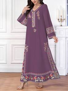SHEIN Najma Plus Size Floral Print Women Arabic Style Dress, Spring/Autumn - Multicolor - View 3