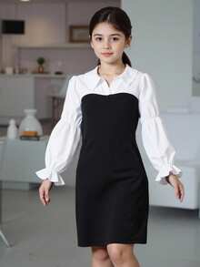 女大童雙色假兩件連衣裙不附腰帶 - 黑與白 - 查看 4