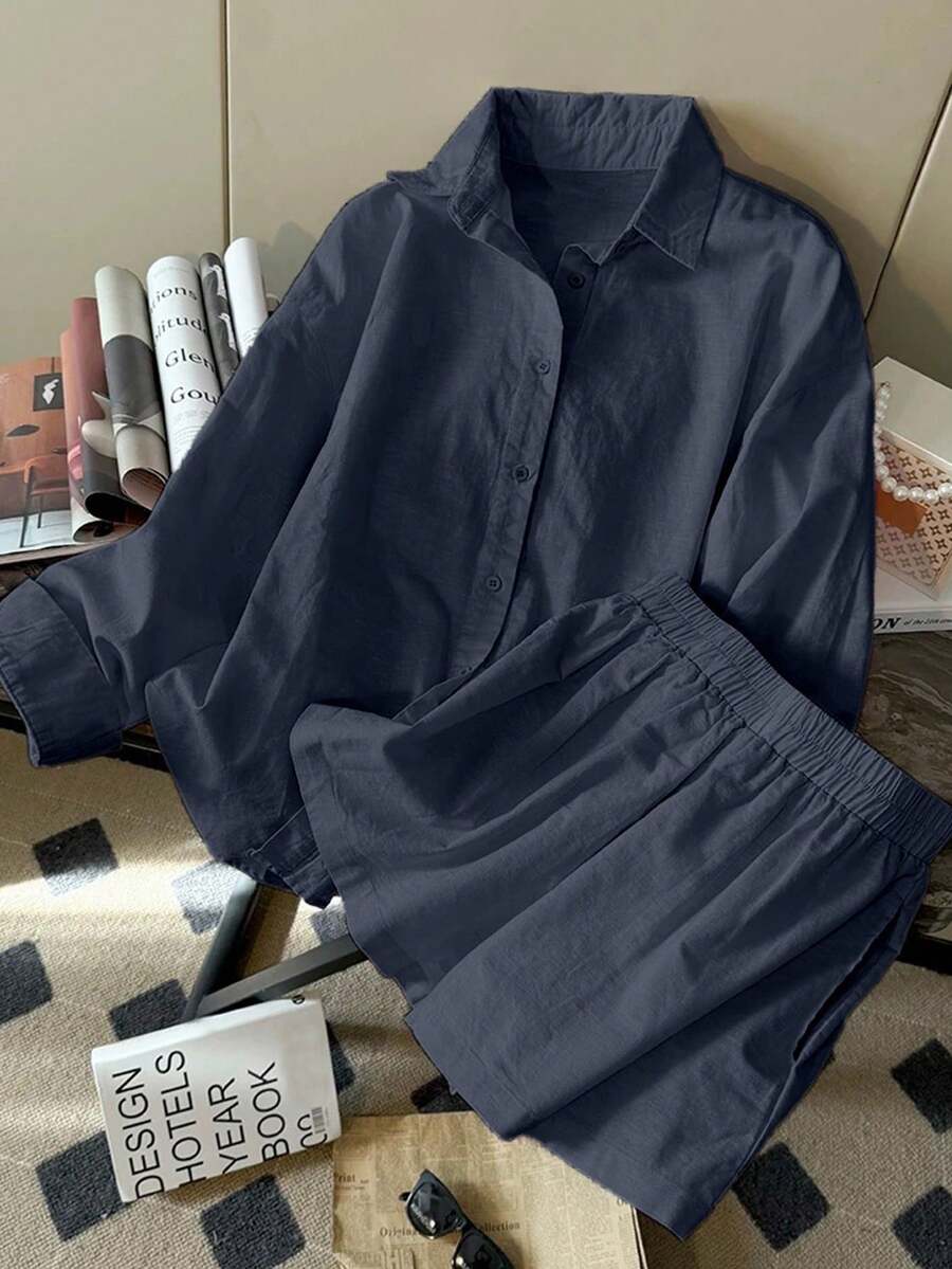 INAWLY New Stylish Linen Casual Loose Fit Long Sleeve Shorts 2 Pieces Set For Plus Size Women - Navy Blue - View 1