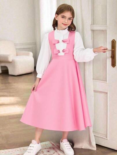 女孩休闲优雅可爱衬衫裙套装，衬衫搭配荷叶边领和泡泡袖，连衣裙带有可拆卸蝴蝶结装饰，适合度假、郊游、散步