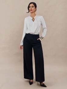Modelyn Women's Solid Color V-Neck Metal Ring Decor Long Sleeve Raglan Fashion Blouse - White - View 3