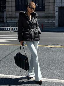 DAZY Women's Hooded Padded Coat With Fur Collar, Waist Cinched Winter Jacket - Black - View 6