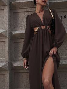 EMERY ROSE Vestido largo de mujer con abertura en el muslo, mangas de linterna con anillo en la cintura y corte en la cintura - Marrón Chocolate - Ver 3