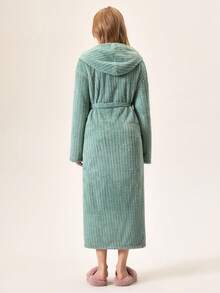 Loomlin RueChic Women Jacquard Plush Fabric Pocket And Hoodie Detail Letter Embroidery Detail Homewar Robe Sleep Robe Women Women Loungewear Robe With Hood - Mint Green - View 2