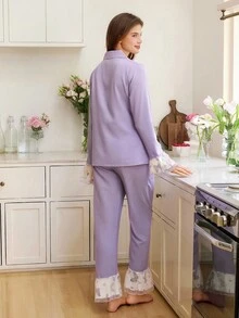 Women's Butterfly Print Ruffle Splice Lapel Top And Pants Pajama Set, Fall Clothes - Purple - View 2