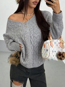 StreetHx New Autumn/Winter V-Neck Loose Casual Street Fashion Urban Pullover Sweater, Gray Twist Knit - Grey - View 3