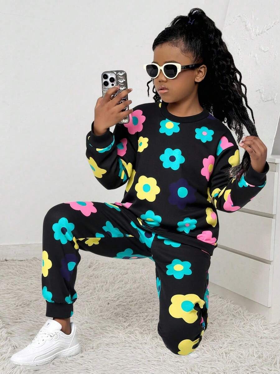 SHEIN Explorewe Teens Girls Vibrant Floral Allover Print Pullover Hoodie Set, Dopamine Color, Vacation - Black - View 1
