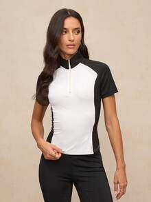 Activina Women's Equestrian Clothing, Contrast Color Splice Stand Collar Short Sleeve Equestrian Outfit