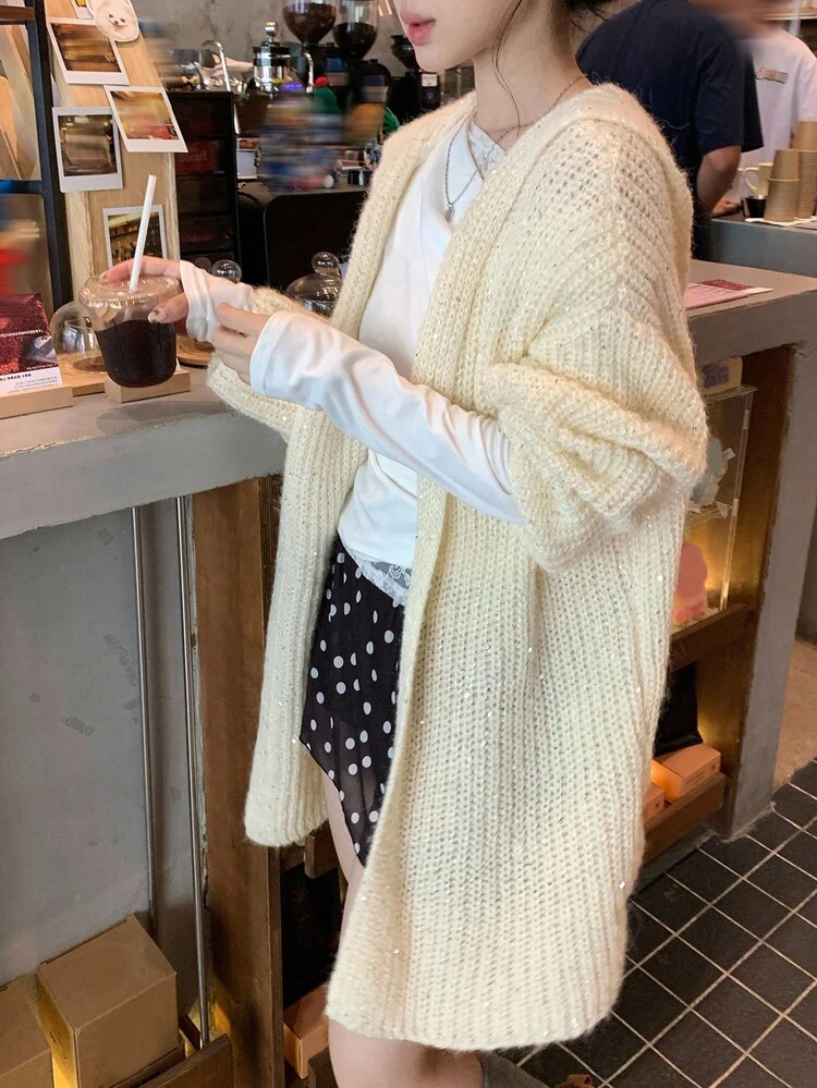 Women's Korean Style Sequin Embellished Knit Hooded Casual Long Sleeve Cardigan, Autumn/Winter