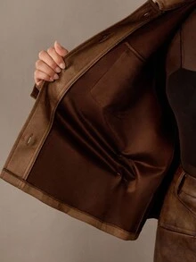 Modelyn 女士时尚实用风格系带绒面革夹克，休闲秋冬棕色系带夹克女士棕色衬衫夹克绒面革夹克女士秋冬 - 棕色 - 查看 8