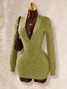 Amplova 秋冬休闲长袖深V领修身女式毛衣裙 - 彩色 - 查看 1