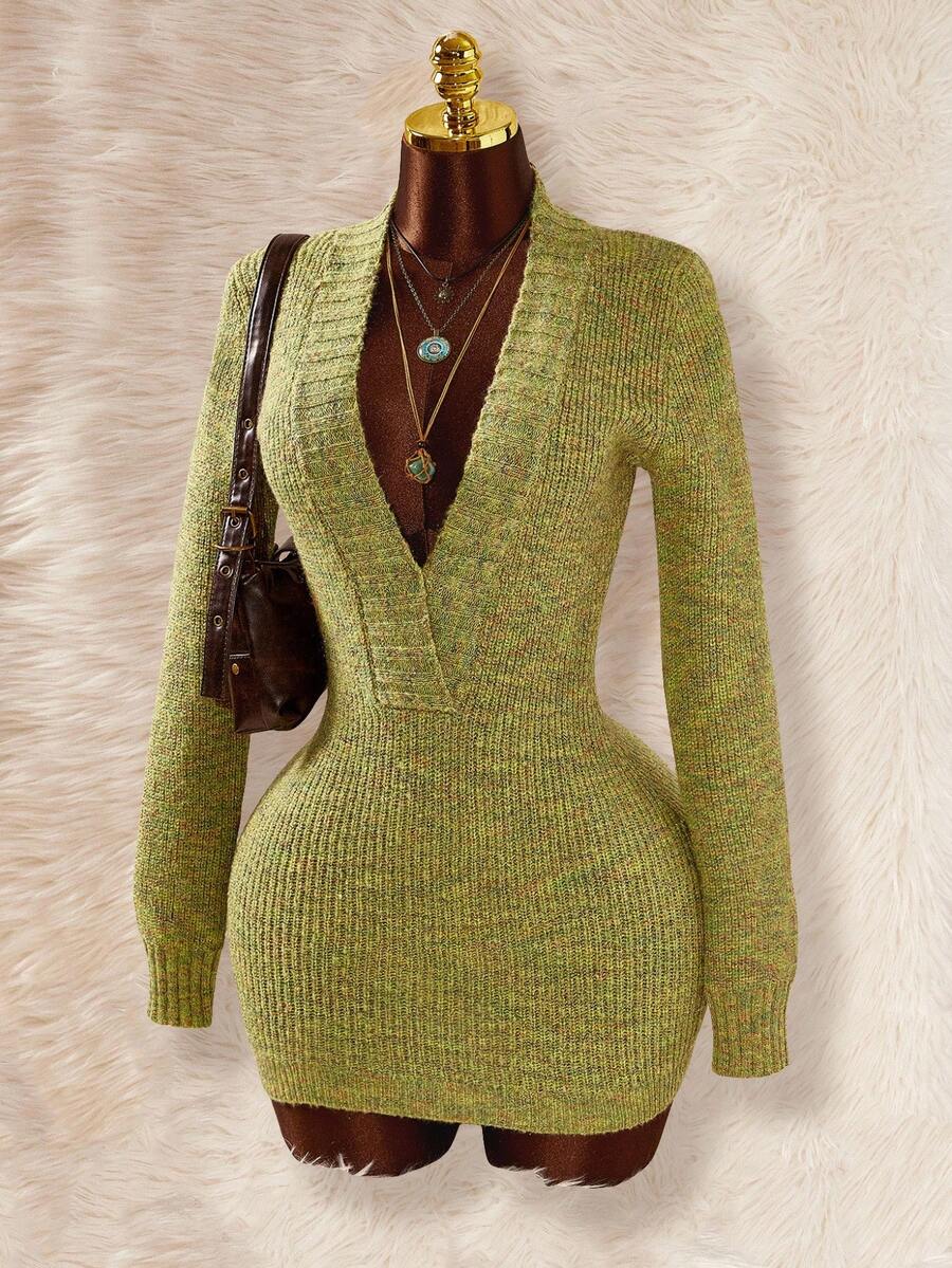 Amplova 秋冬休闲长袖深V领修身女式毛衣裙 - 彩色 - 查看 1