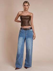 SHEIN BAE Women's Solid Color Fitted Bandeau Top With Boning,Brown Top - Mocha Brown - View 6