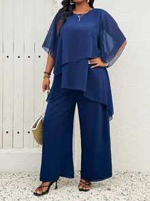 Weeklong 大码雪纺面料多层不对称交叉重叠不对称喇叭袖上衣+双层雪纺裤休闲度假通勤两件套 - 藍色 - 查看 6