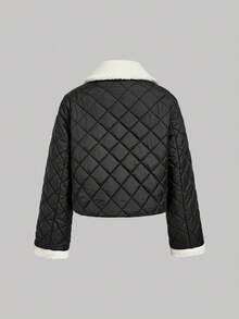 SHEIN MOD Women's Black Diamond Quilted Padded Coat, Contrast Faux Fur Collar, Winter Coat