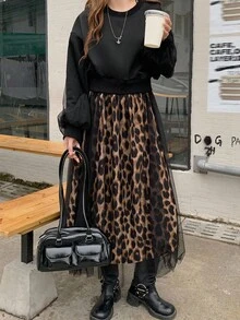 DAZY Váy dài vừa cổ tròn in họa tiết da báo, lưới vá, giản dị dành cho nữ, mùa thu - màu đen - Xem 5