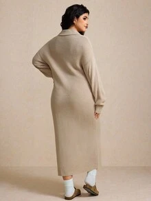 Elaquor 大码女式纯色落肩半拉链休闲针织超长毛衣裙长袖长裙毛衣裙女式针织超长裙秋冬女装