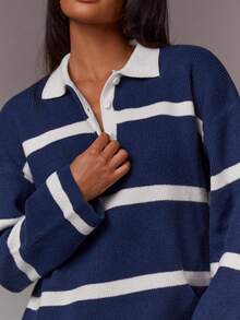 Athîral 女士休闲宽松条纹 Polo 领落肩长袖针织毛衣连衣裙，秋季 - 彩色 - 查看 4