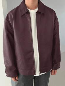 DAZY 男士纯棕色皮夹克和外套，秋季 - 鏽棕色 - 查看 4