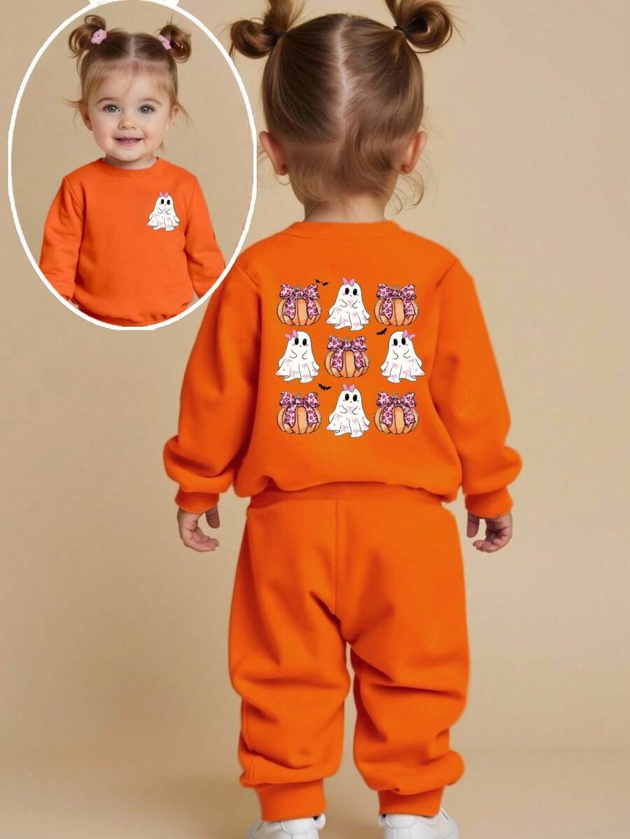 2 件套女婴万圣节南瓜和蝴蝶结图案圆领长袖运动衫和裤子套装，适合秋冬穿着 - 橘色 - 查看 1