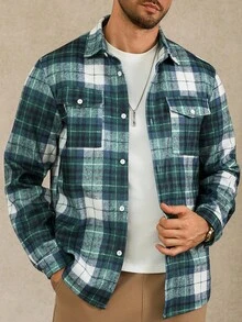 Manfinity Homme 男士纽扣前开襟长袖格子夹克，休闲日常穿着，秋冬男士夹克，保暖夹克，格子衬衫男士衬衫式格子夹克，圣诞节 - 彩色 - 查看 3