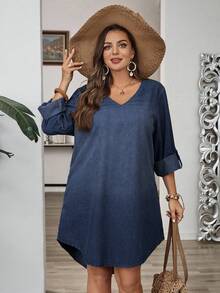 EMERY ROSE Große Größen Lässiges Denim Kleid mit vorne kurz hinten lang Design, Große Größen Denim Kleid Langarm Denim Kleid Damen Denim Kleid Chambray Kleid