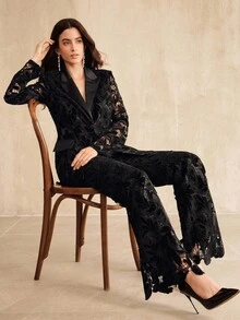 Anewsta 女士优雅时尚正装套装 - 精致丝绒镂空刺绣西装外套和裤子套装，适合外出、新年、圣诞节、毕业典礼、婚礼、商务场合。 - 黑色 - 查看 3