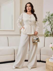 Modelyn Áo khoác ren tương phản thanh lịch cỡ lớn cho nữ, cài một hàng khuy, viền xếp nếp, mùa thu - Màu be - Xem 6