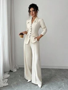 Elenzga 女士杏色厚面料V领西装外套设计黑色撞色纽扣假口袋教师制服优雅职业装，感恩节万圣节氛围，秋季新款时尚必备高端端庄长袖收腰宽松直筒裤两件套 - 杏色 - 查看 6