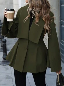 EMERY ROSE 女士优雅通勤休闲法式翻领 V 领双排扣开腰 A 字褶喇叭袖宽松袖口长袖羊毛大衣，适合春秋冬季 - 軍綠色 - 查看 1