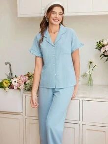 Snug Reverie Women's Lotus Leaf Sleeve Pajamas Set - Baby Blue - View 6
